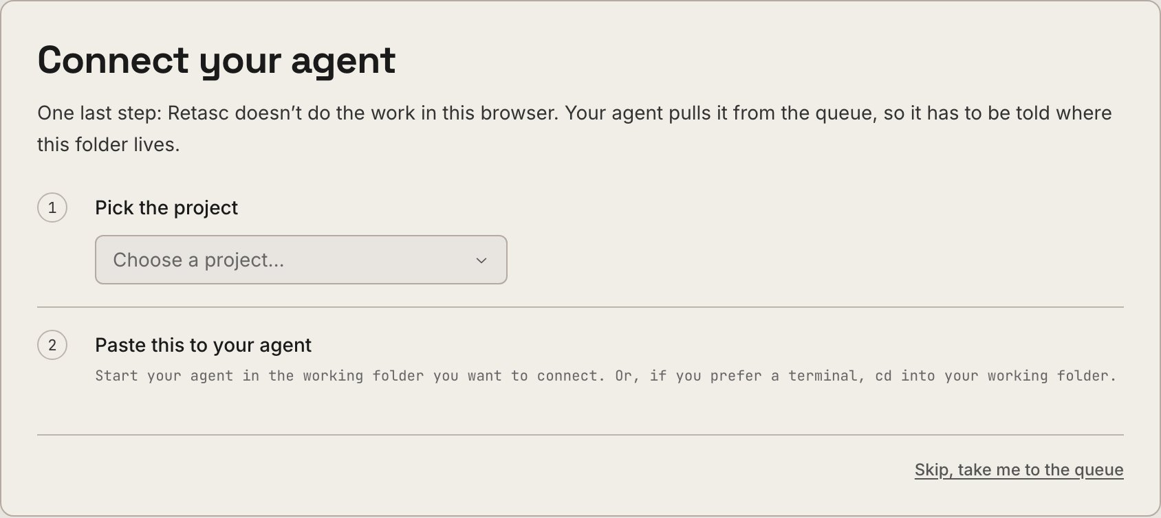 The Dash's last onboarding step: the line to paste to your agent, and a waiting indicator