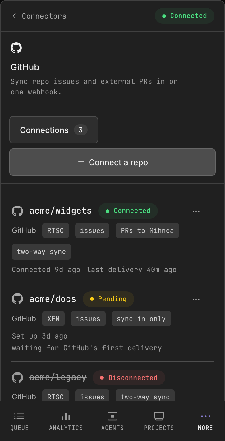 The GitHub connector in the Dash: the repo field, the webhook URL and its signing secret