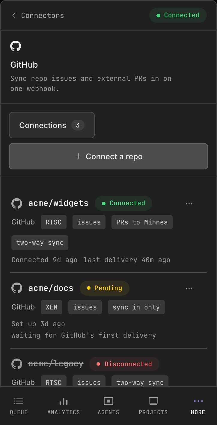The GitHub connector in the Dash: the repo field, the webhook URL and its signing secret