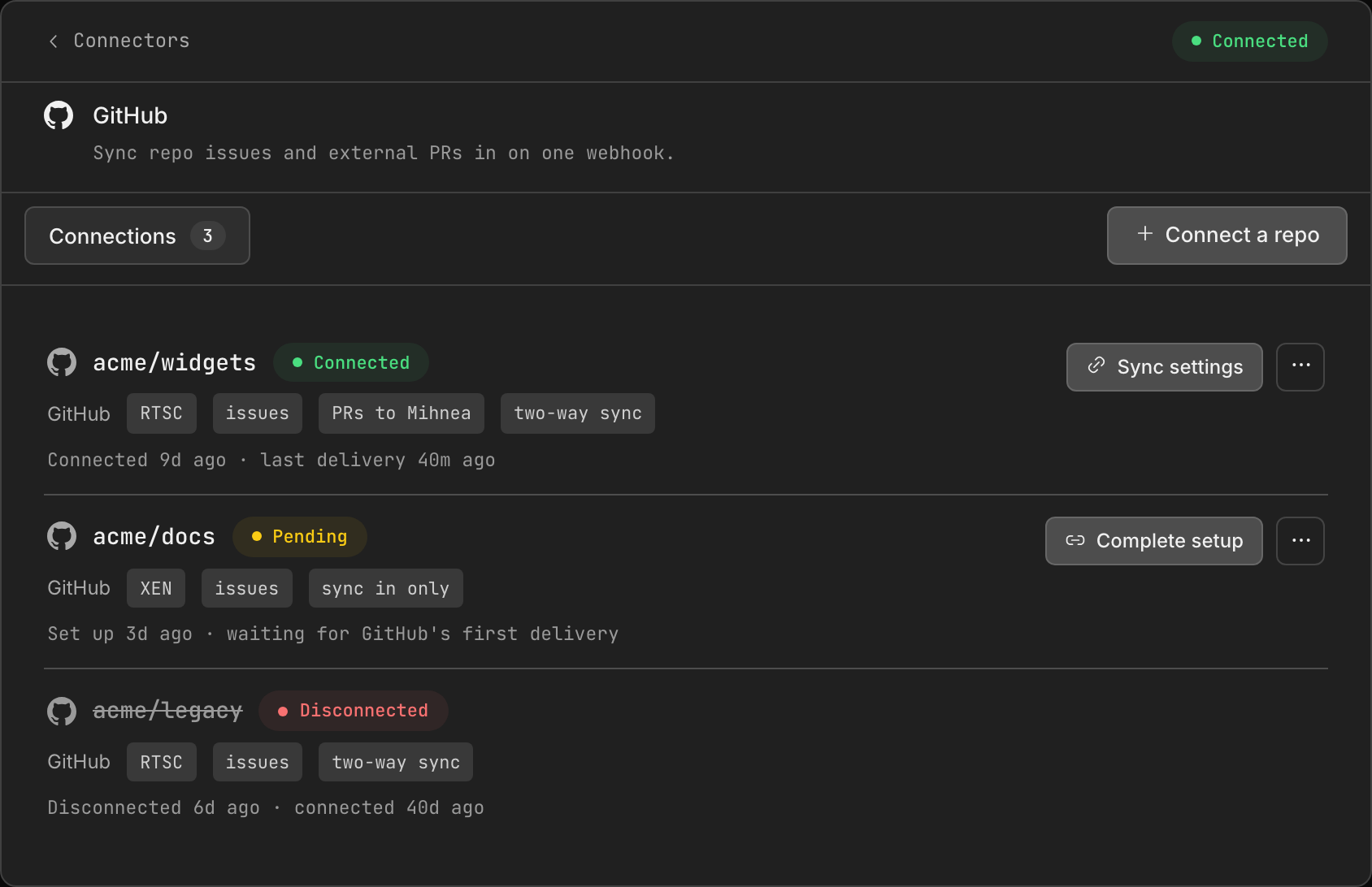 The GitHub connector in the Dash: the repo field, the webhook URL and its signing secret