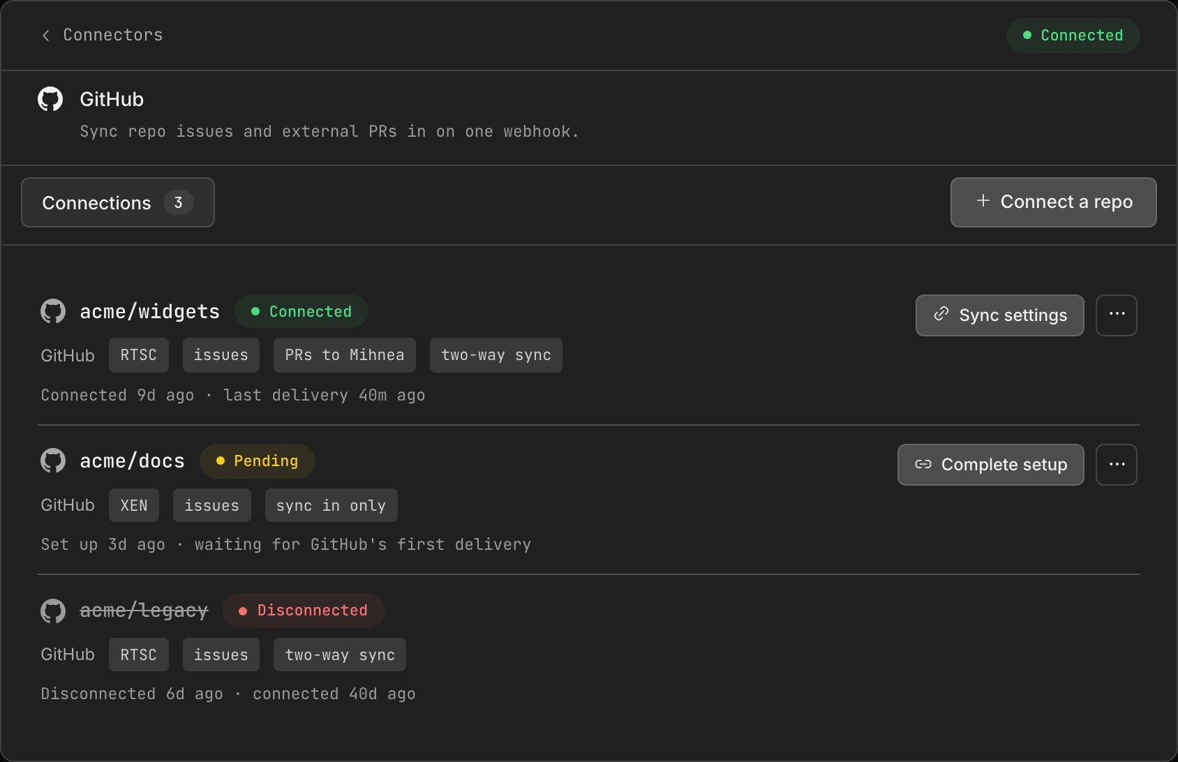 The GitHub connector in the Dash: the repo field, the webhook URL and its signing secret
