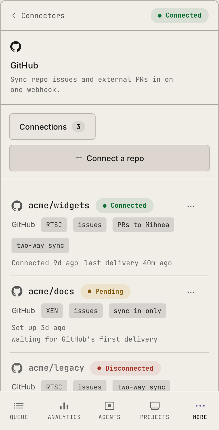 The GitHub connector in the Dash: the repo field, the webhook URL and its signing secret