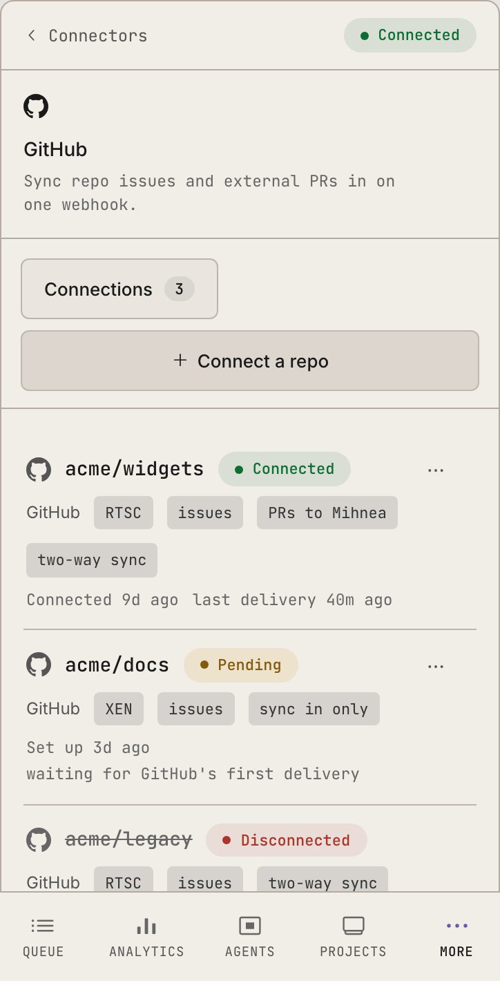 The GitHub connector in the Dash: the repo field, the webhook URL and its signing secret