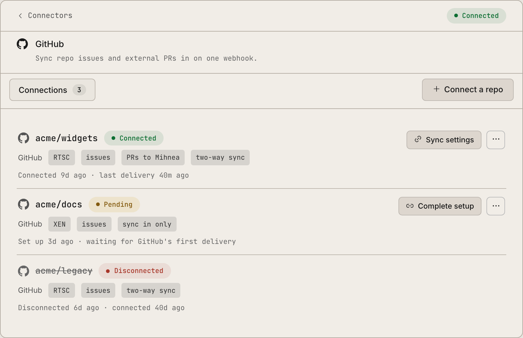 The GitHub connector in the Dash: the repo field, the webhook URL and its signing secret