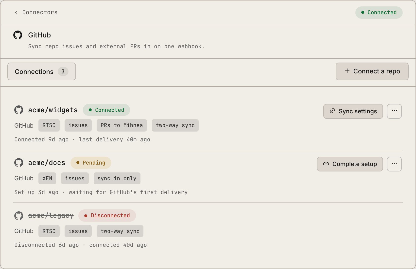 The GitHub connector in the Dash: the repo field, the webhook URL and its signing secret