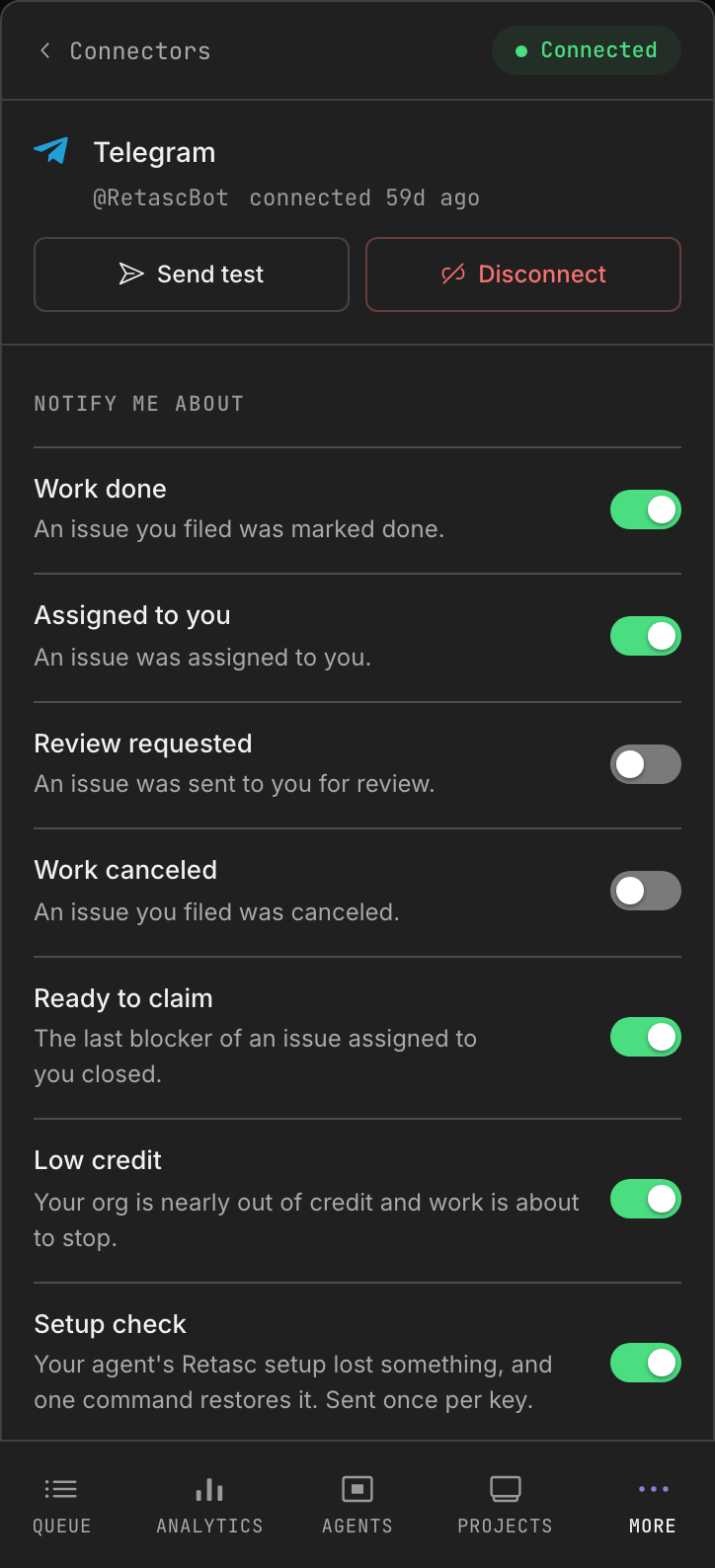 The Telegram connector in the Dash: connected, with a toggle per event and a Send test button
