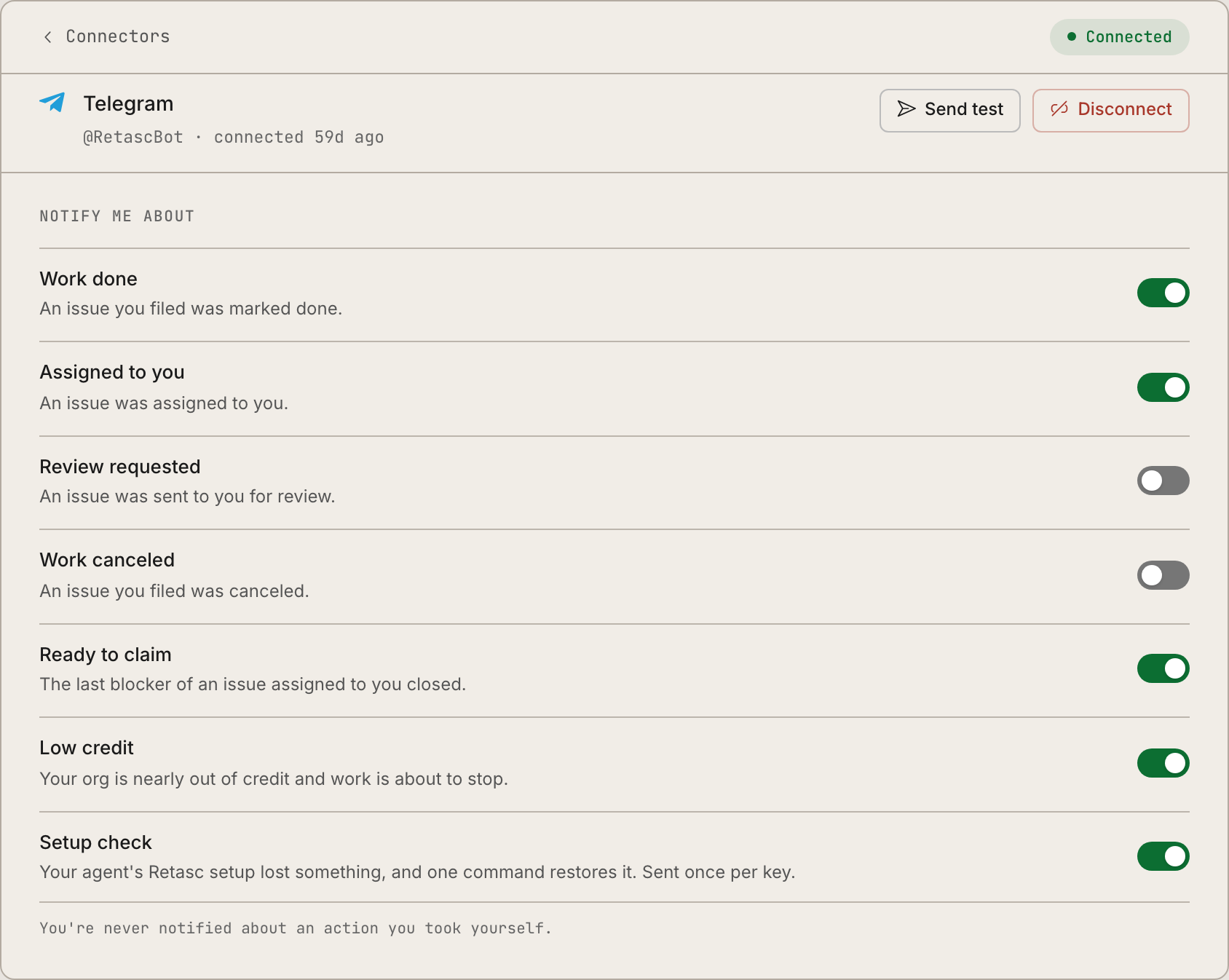 The Telegram connector in the Dash: connected, with a toggle per event and a Send test button