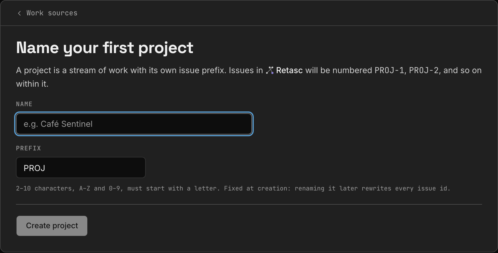 Naming the first project in the Dash, with its issue prefix