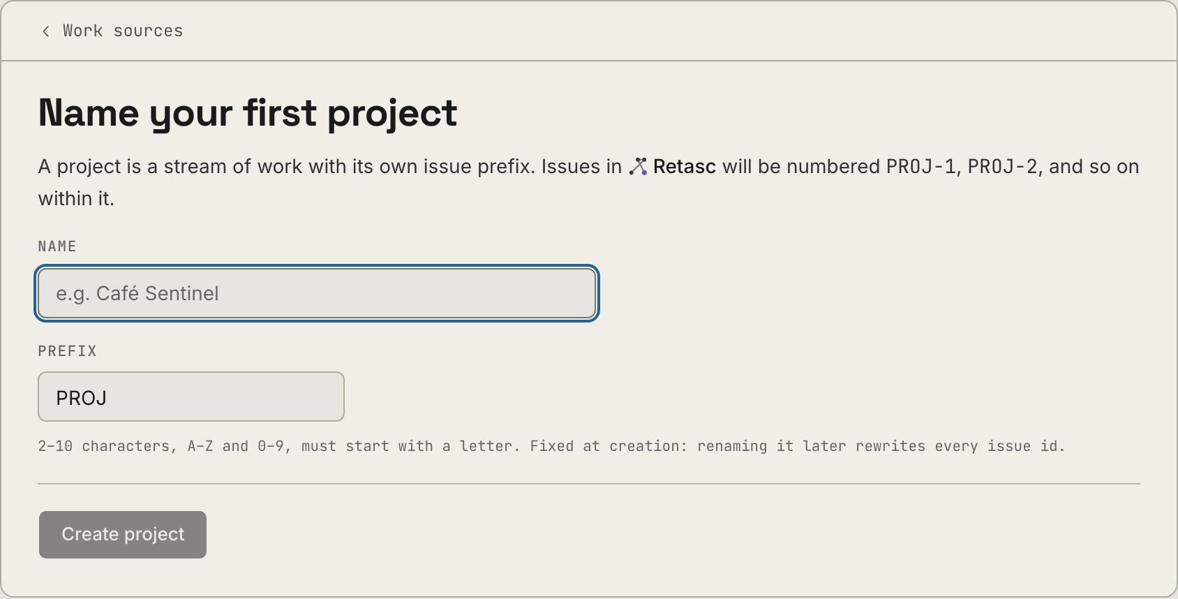 Naming the first project in the Dash, with its issue prefix