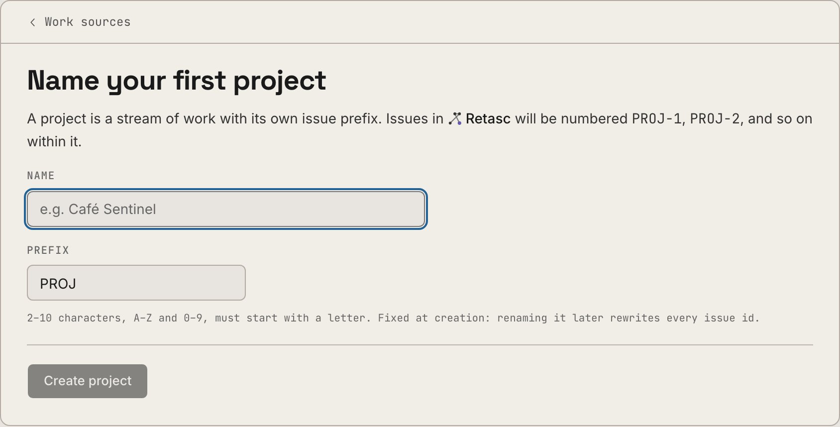 Naming the first project in the Dash, with its issue prefix