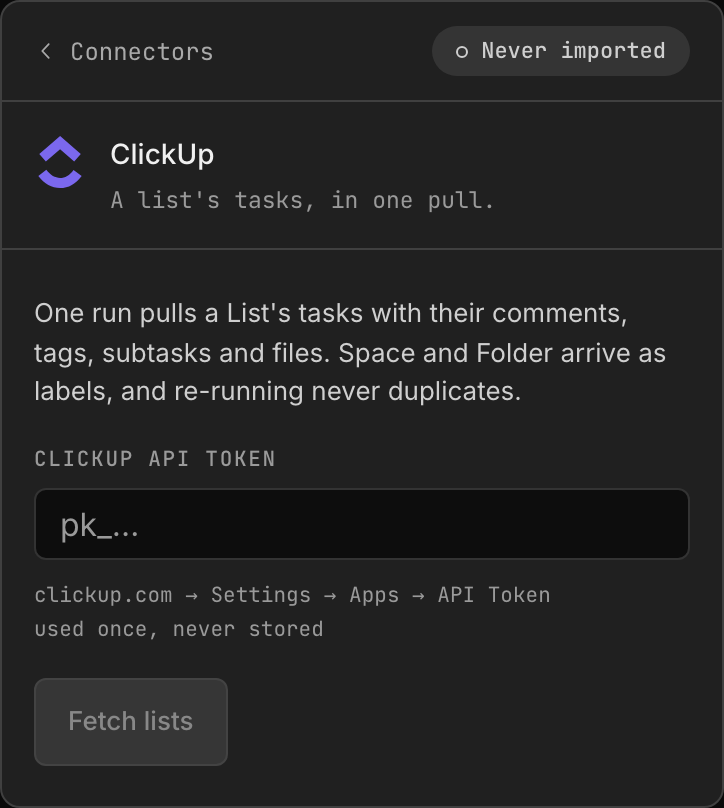 The Dash's import mapping: each source column pointed at a Retasc status