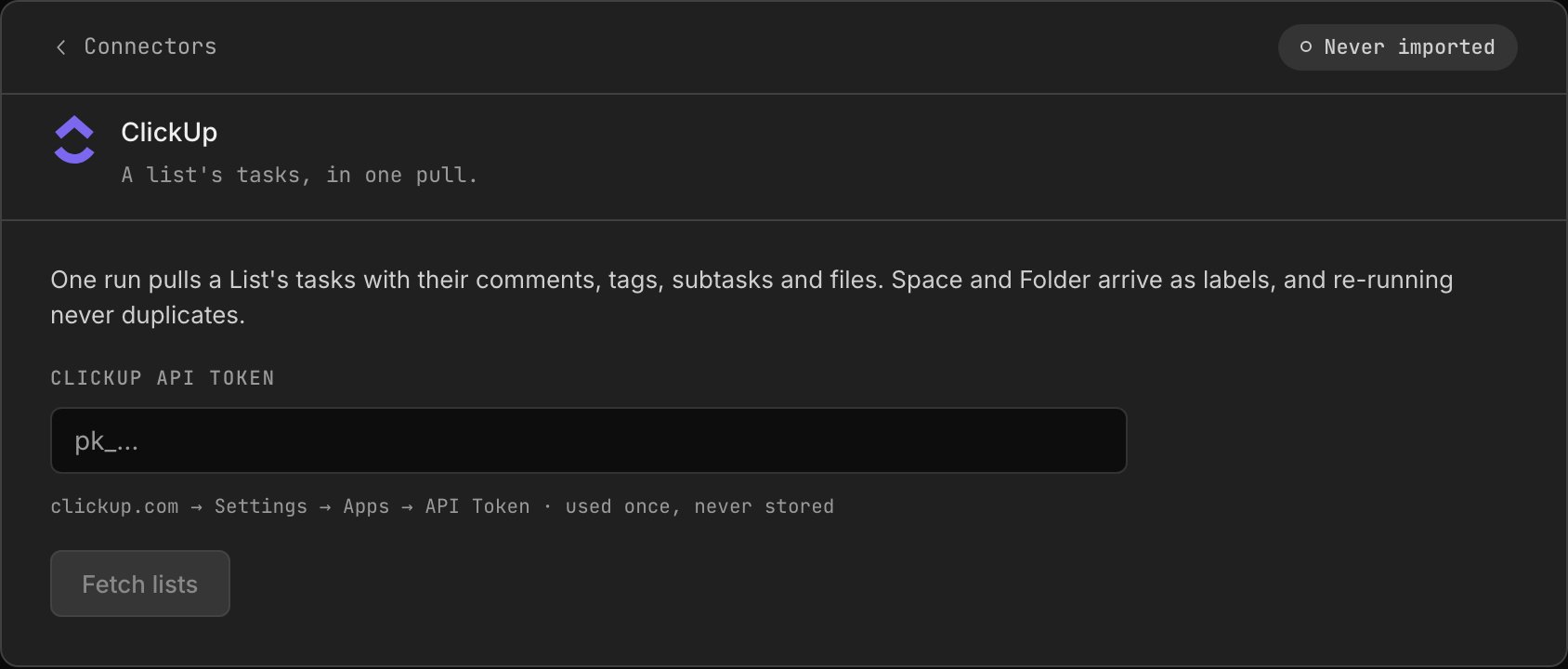 The Dash's import mapping: each source column pointed at a Retasc status