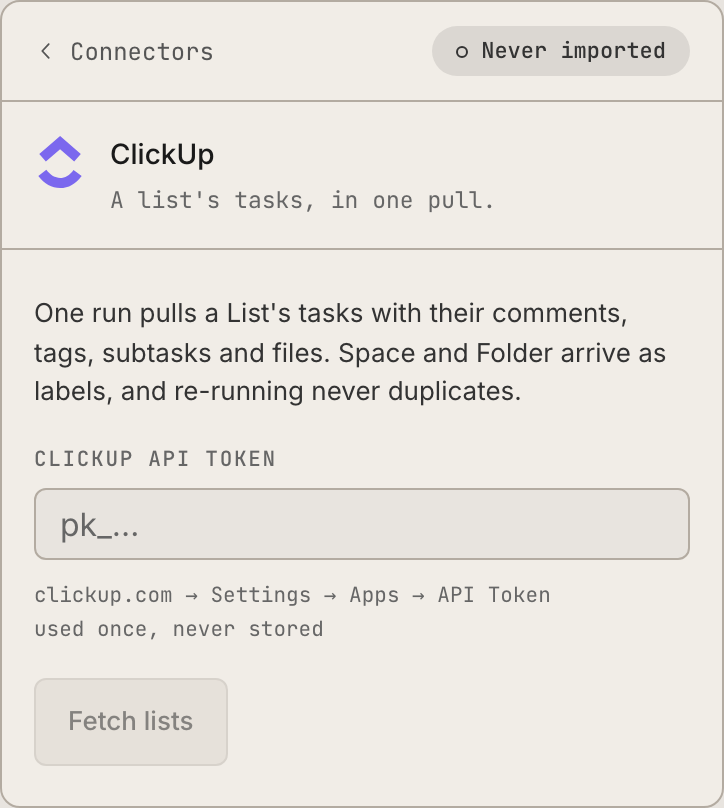 The Dash's import mapping: each source column pointed at a Retasc status