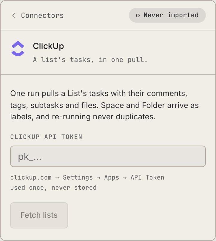The Dash's import mapping: each source column pointed at a Retasc status