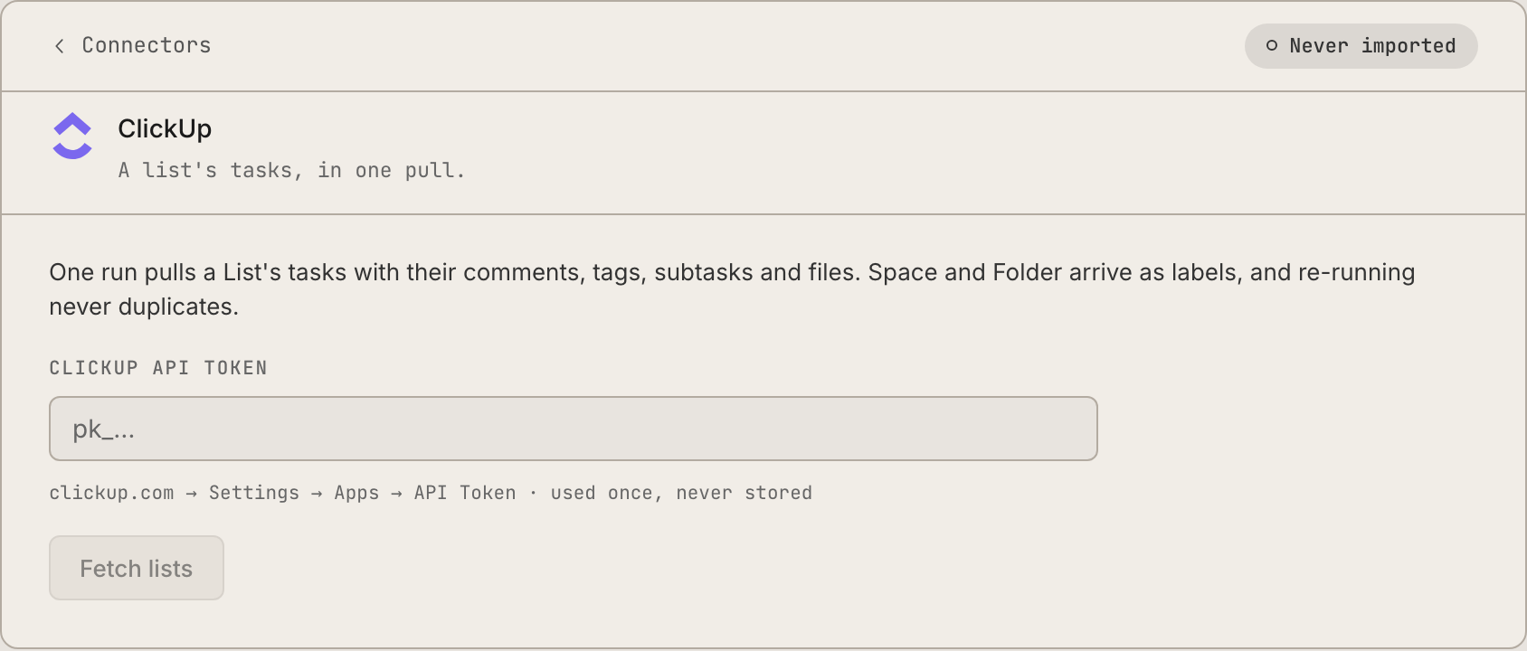 The Dash's import mapping: each source column pointed at a Retasc status