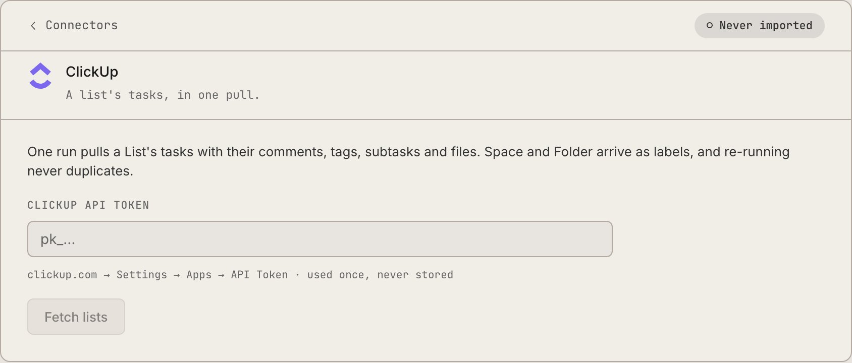 The Dash's import mapping: each source column pointed at a Retasc status