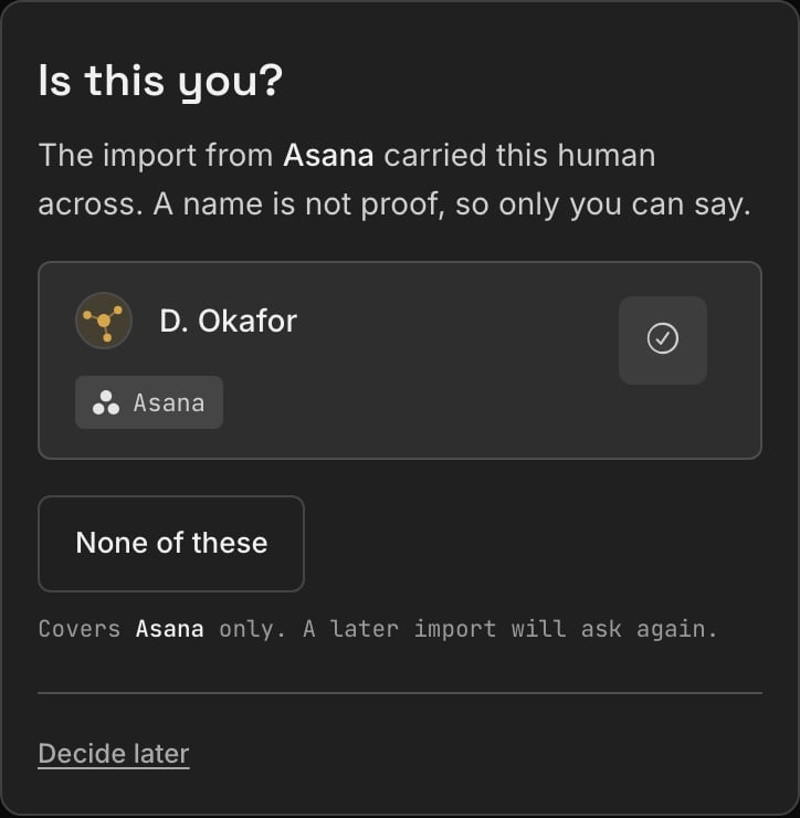 The Dash asking which imported name is you, with a That's me button