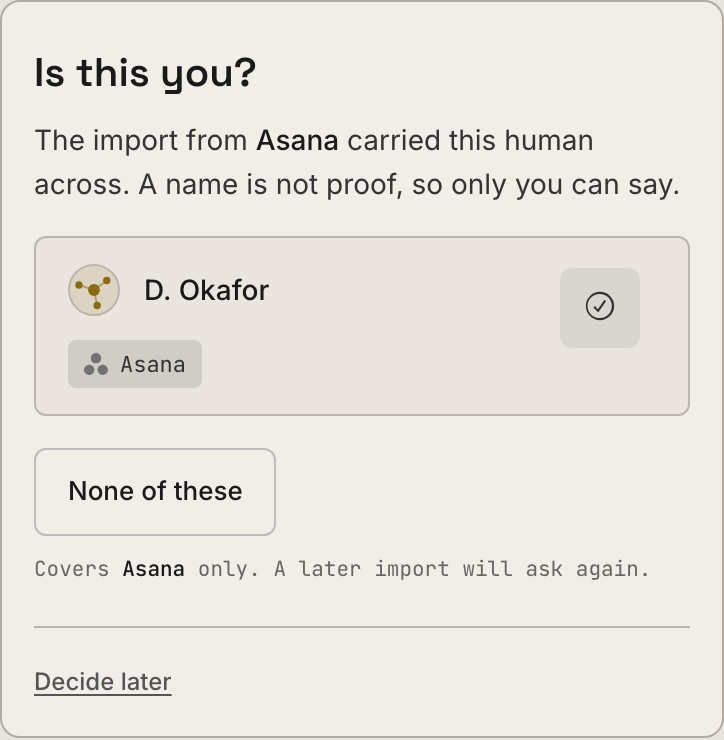 The Dash asking which imported name is you, with a That's me button