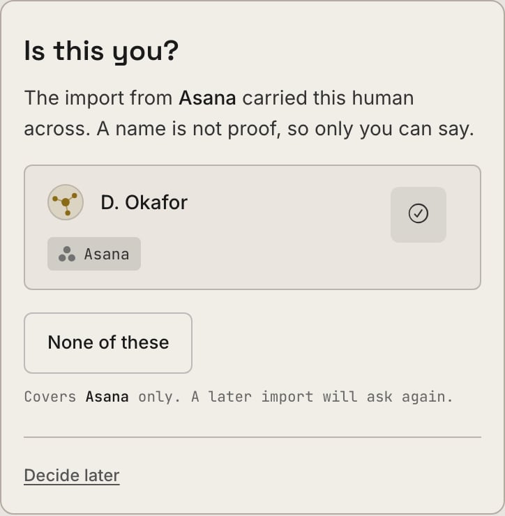 The Dash asking which imported name is you, with a That's me button