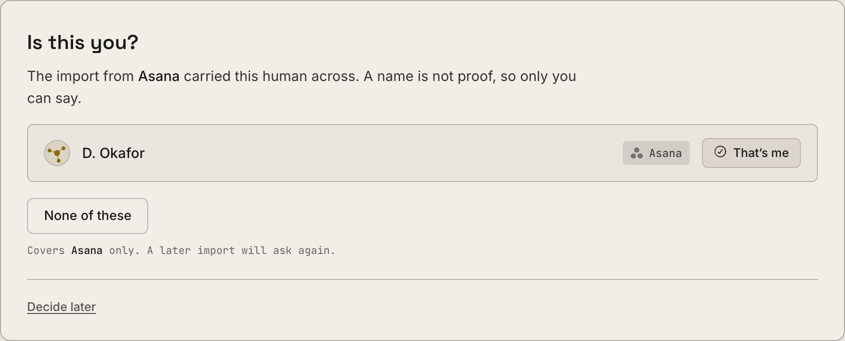 The Dash asking which imported name is you, with a That's me button