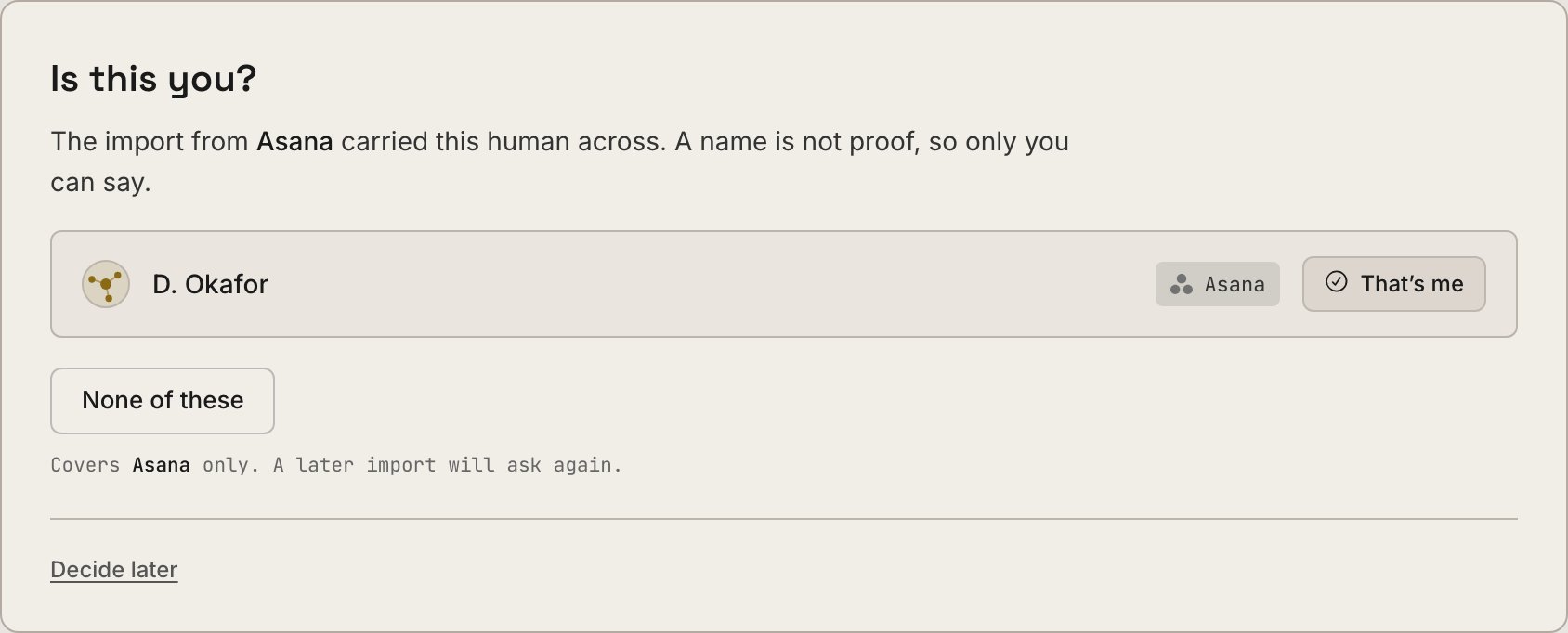 The Dash asking which imported name is you, with a That's me button