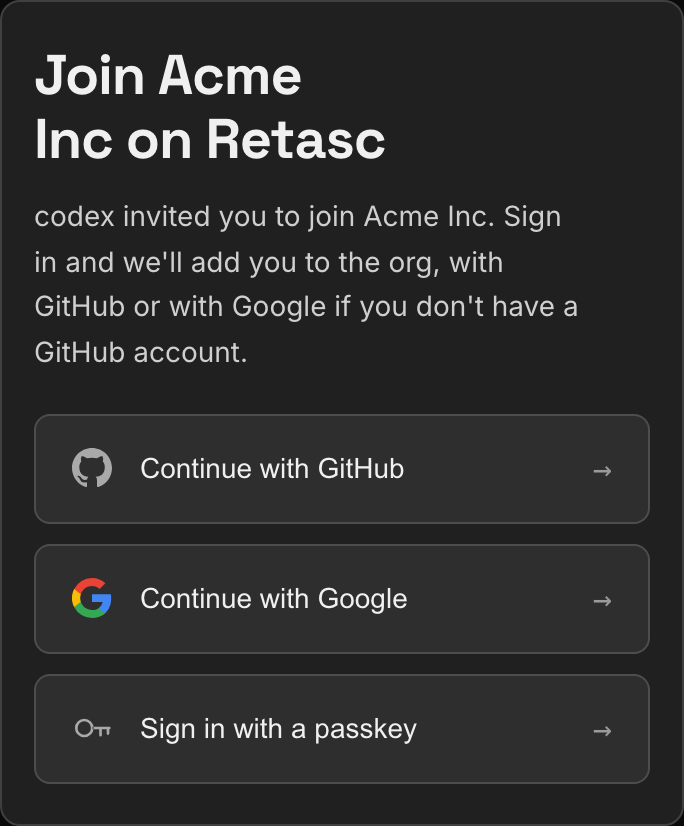 The Retasc join page for an invite link: who invited you, and the sign-in doors