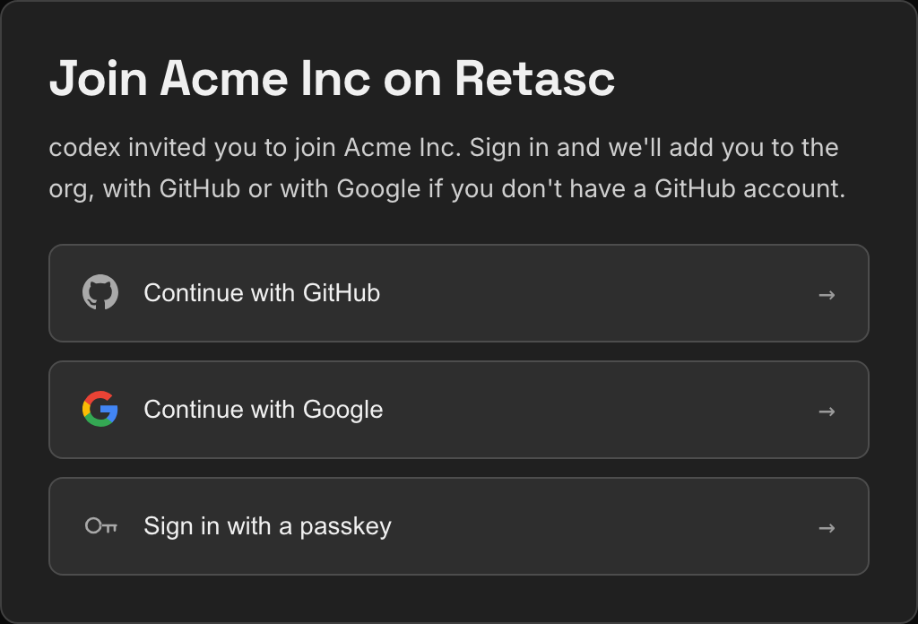The Retasc join page for an invite link: who invited you, and the sign-in doors