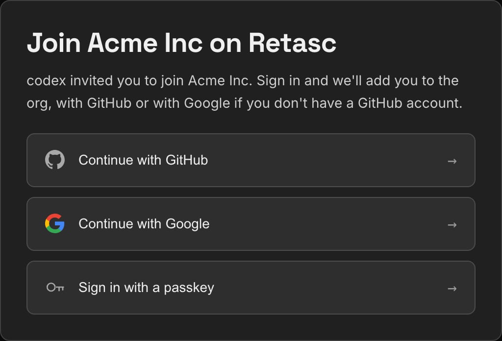 The Retasc join page for an invite link: who invited you, and the sign-in doors