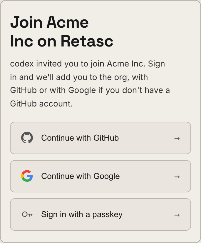 The Retasc join page for an invite link: who invited you, and the sign-in doors