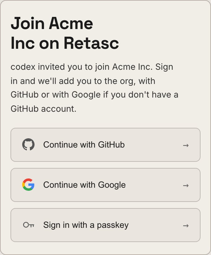 The Retasc join page for an invite link: who invited you, and the sign-in doors