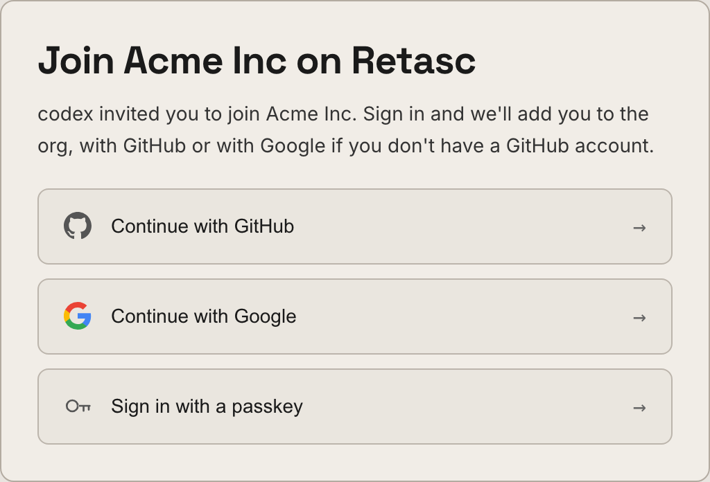 The Retasc join page for an invite link: who invited you, and the sign-in doors