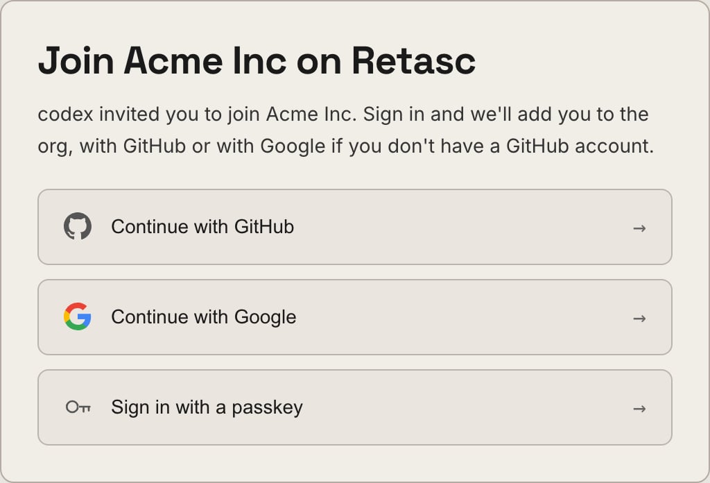 The Retasc join page for an invite link: who invited you, and the sign-in doors