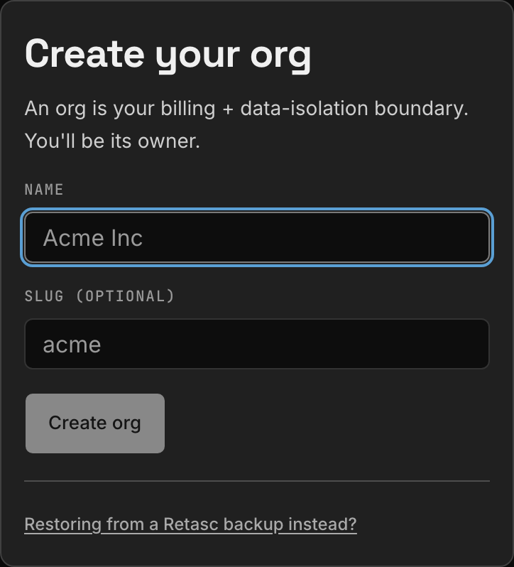 Creating an org in the Dash: a name and an optional slug