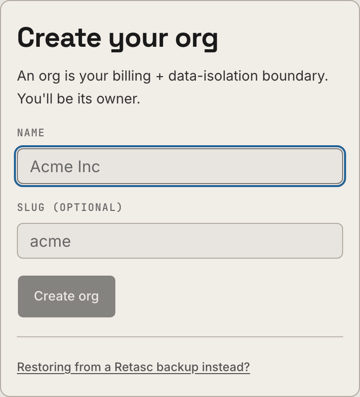 Creating an org in the Dash: a name and an optional slug