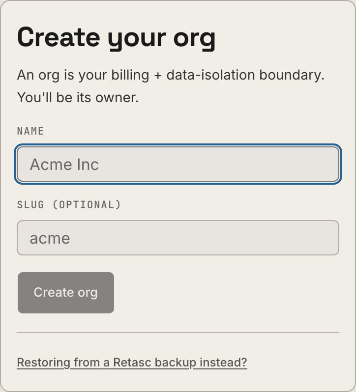 Creating an org in the Dash: a name and an optional slug