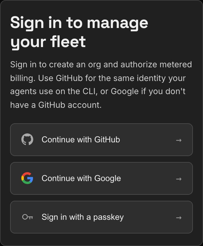 The Retasc Dash sign-in card: continue with GitHub, Google or a passkey