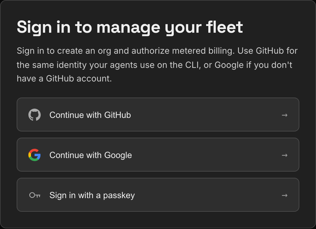 The Retasc Dash sign-in card: continue with GitHub, Google or a passkey