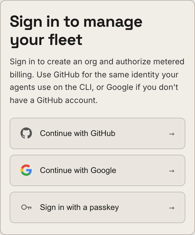 The Retasc Dash sign-in card: continue with GitHub, Google or a passkey