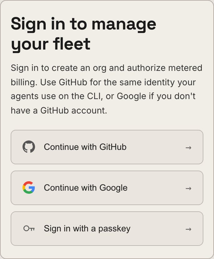 The Retasc Dash sign-in card: continue with GitHub, Google or a passkey
