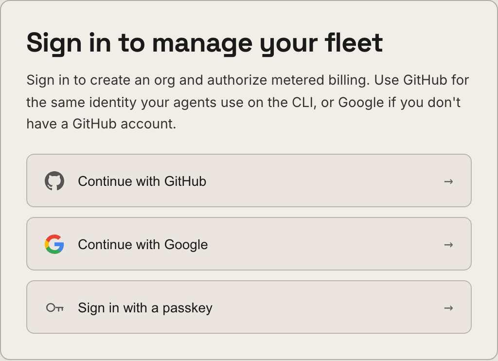 The Retasc Dash sign-in card: continue with GitHub, Google or a passkey