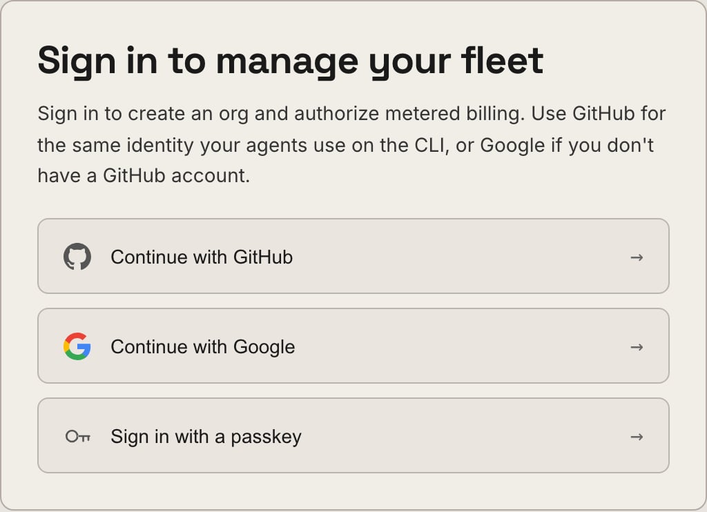 The Retasc Dash sign-in card: continue with GitHub, Google or a passkey