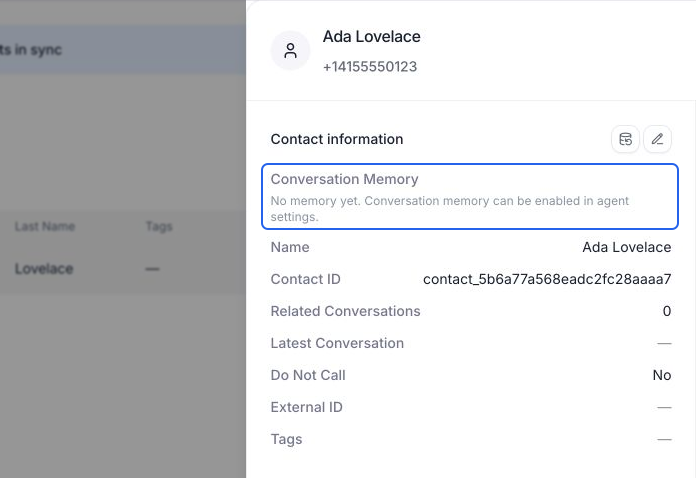 Ada Lovelace's contact detail panel with Conversation Memory highlighted in blue. The empty field reads: No memory yet. Conversation memory can be enabled in agent settings.
