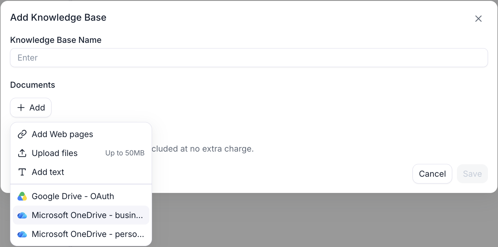 The Add Knowledge Base dialog with a Knowledge Base Name field and a Documents section whose + Add button has opened the source menu. The menu lists Add Web pages, Upload files (Up to 50MB), and Add text, then a divider, then three connected accounts: Google Drive - OAuth and two OneDrive connections named Microsoft OneDrive - busin… and Microsoft OneDrive - perso…. Selecting a OneDrive account opens Microsoft's file picker in a pop-up.