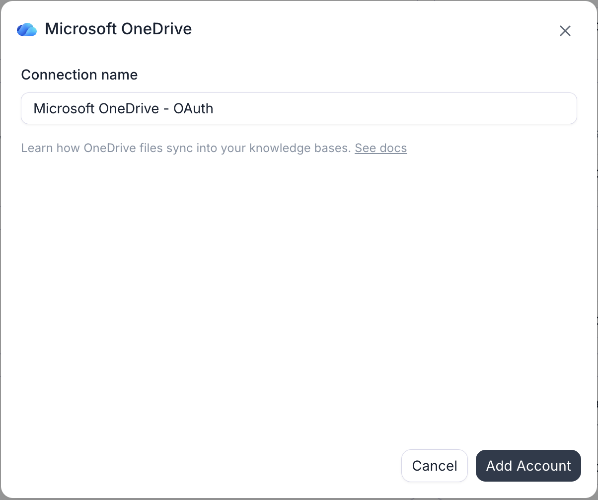 Retell's Microsoft OneDrive connection dialog. It has a single Connection name field prefilled with Microsoft OneDrive - OAuth, a hint reading 'Learn how OneDrive files sync into your knowledge bases' with a See docs link, and Cancel and Add Account buttons. There is no Functions tab, since OneDrive adds no integration tools; connecting continues to a Microsoft sign-in.