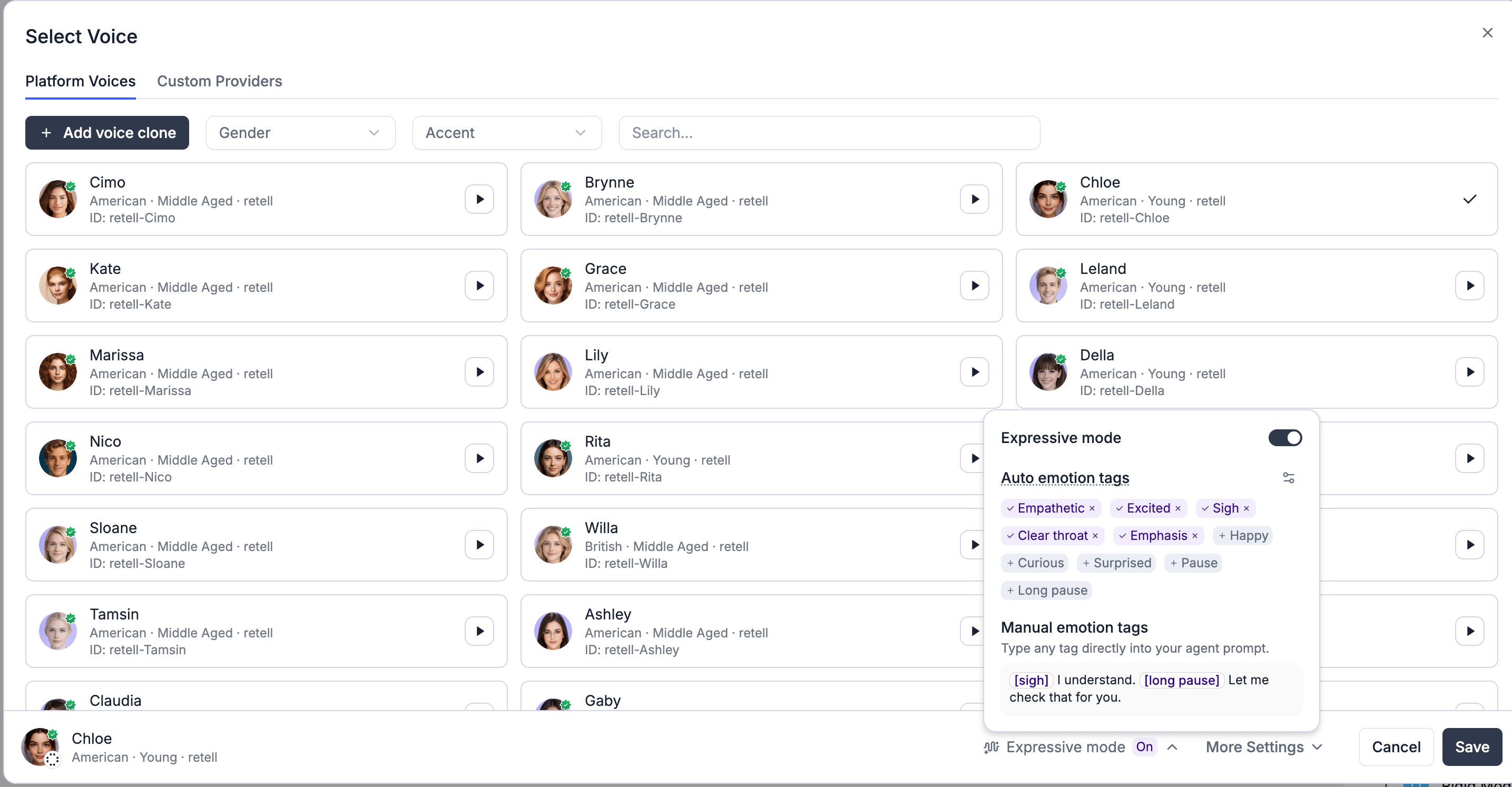Expressive mode panel in the voice selector with the Expressive mode toggle and Auto emotion tags