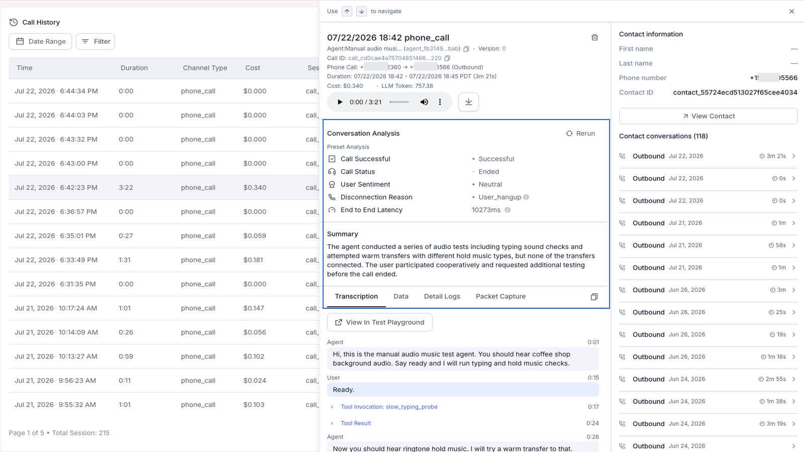 Call details panel showing recording playback, Conversation Analysis, Summary, contact history, and the Transcription, Data, Detail Logs, and Packet Capture tabs outlined in blue. Real phone numbers are partially masked; resource IDs remain visible.