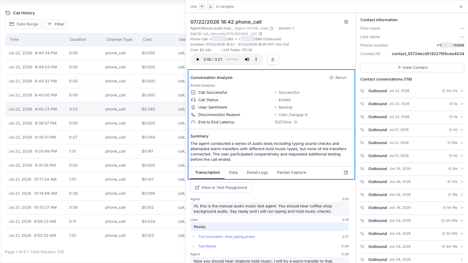 Call details panel showing recording playback, Conversation Analysis, Summary, contact history, and the Transcription, Data, Detail Logs, and Packet Capture tabs outlined in blue. Real phone numbers are partially masked; resource IDs remain visible.