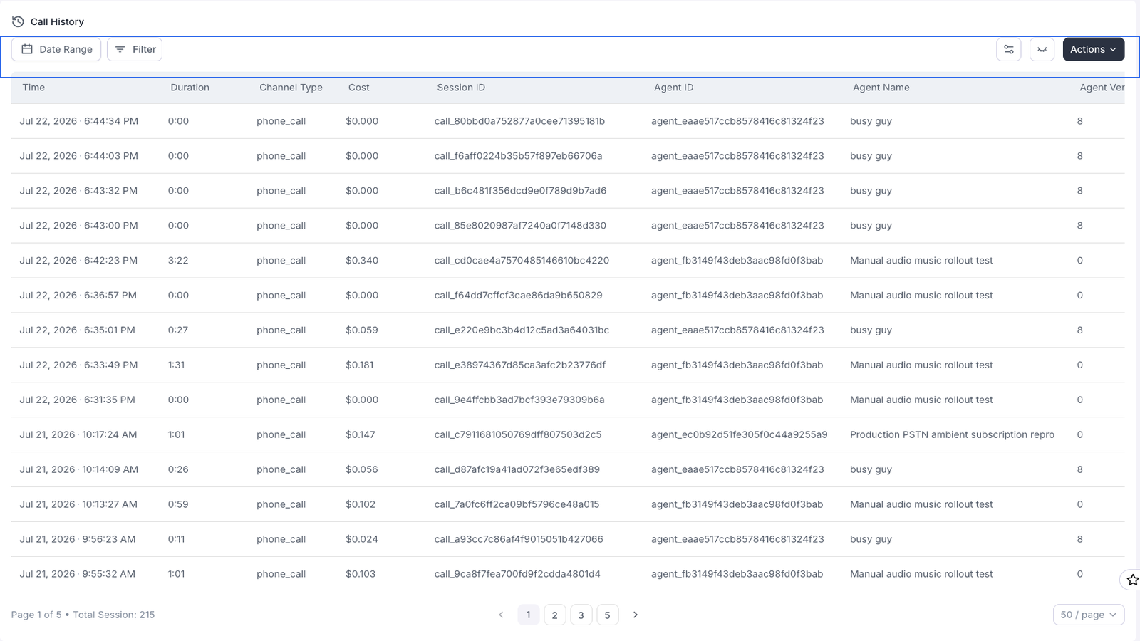 Call History page with the Date Range, Filter, Customize View, Show PII, and Actions controls outlined in blue above the session table.
