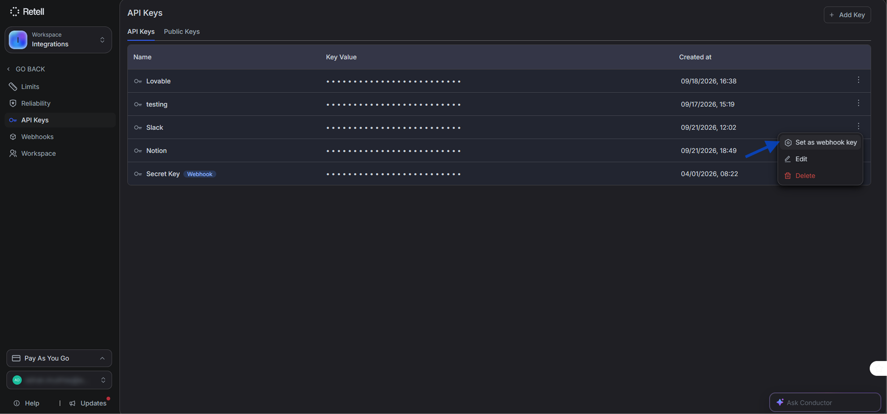 Retell API Keys page with the key options menu open and Set as webhook key highlighted