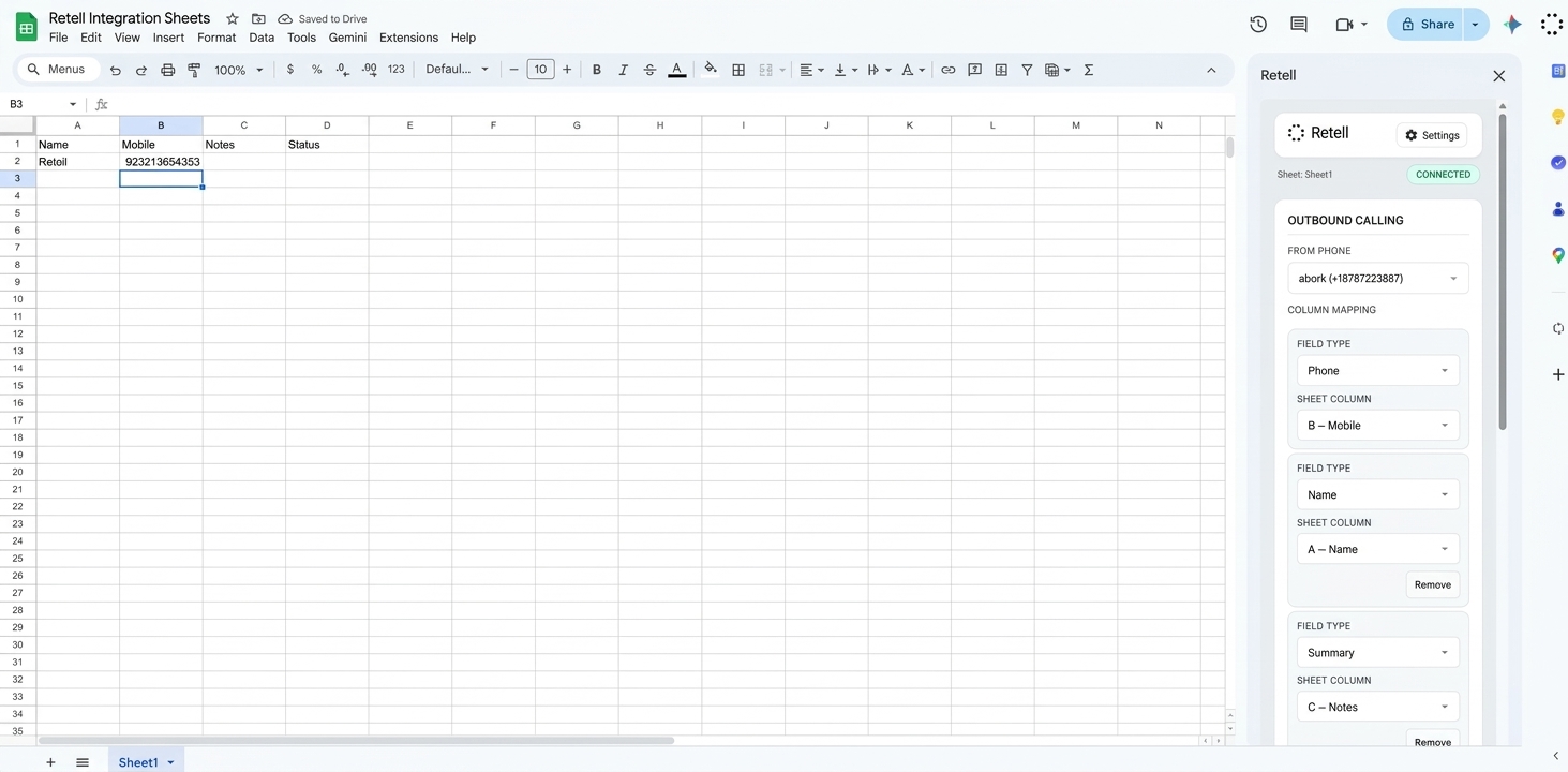 Google Sheet row with a test phone number and Retell sidebar Call Selected Lead button